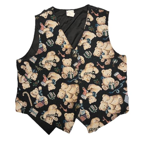 Vintage 90s Tapestry Vest Christmas Party Teddy Bears Medium Tacky Fun Gifts - Picture 1 of 8